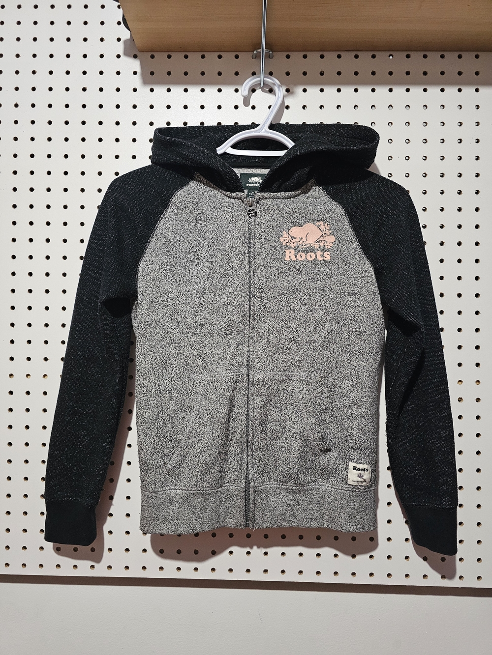 Roots Kids Two-Tone Grey & Black Zip Hoodie with Pink Logo
